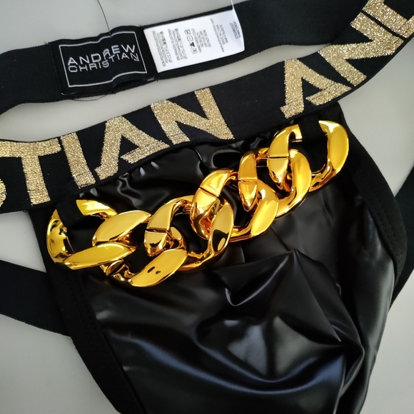 Andrew Christian jock Small Chains of Love latex look black gold SML NWT - Picture 5 of 9